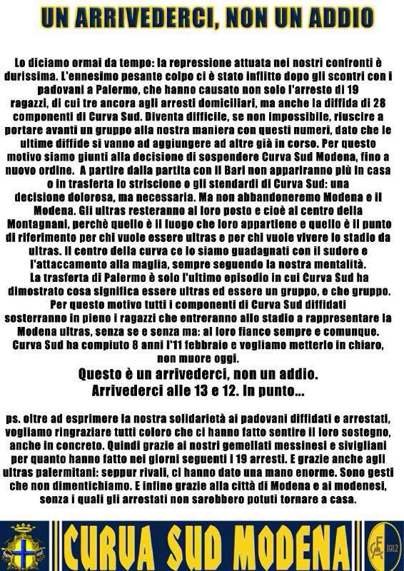 Comunicato Curva Sud Modena 16.2.2014